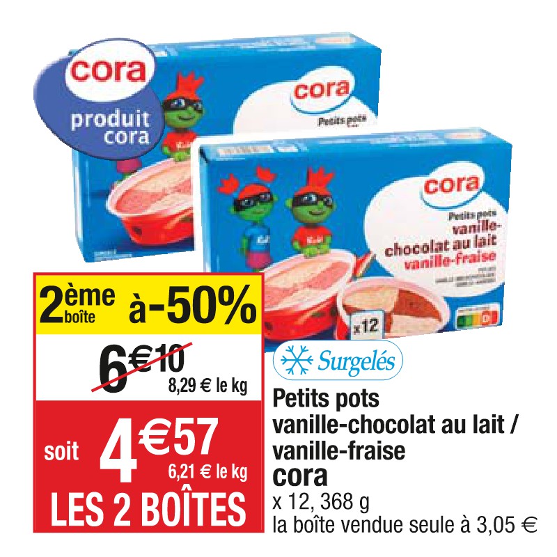 Petits pots vanille-chocolat au lait / vanille-fraise cora
