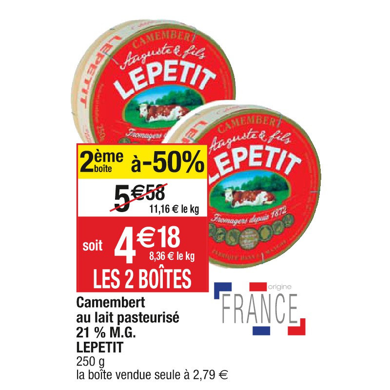 Camembert au lait pasteurisé 21 % M.G. LEPETIT
