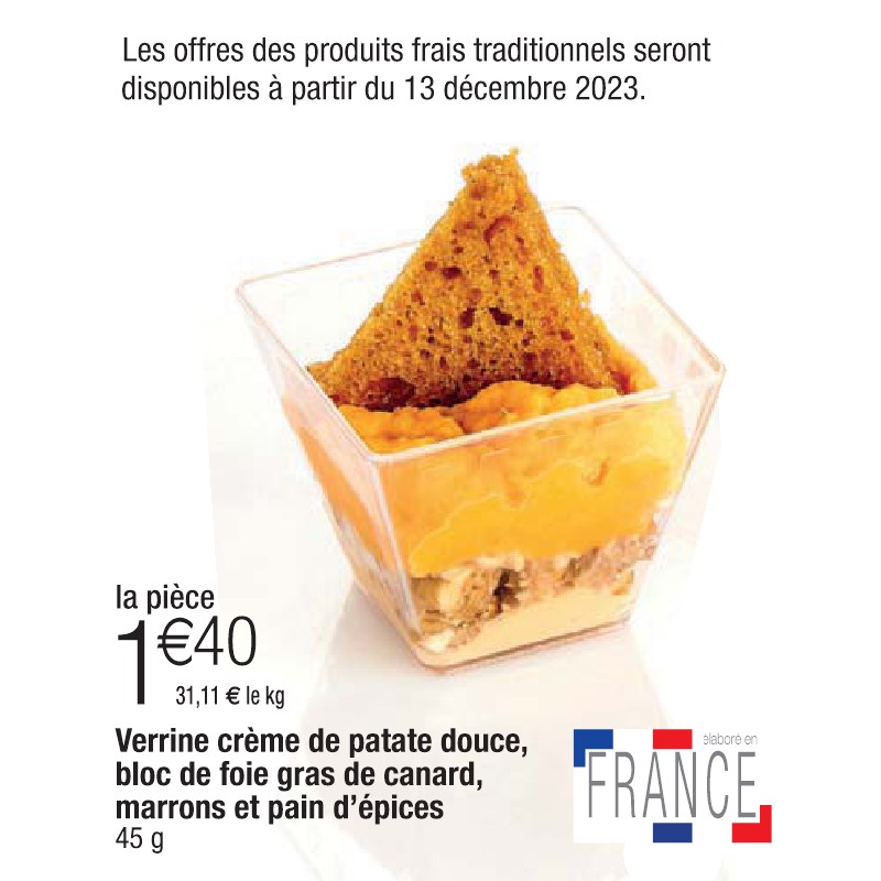 Verrine crème de patate douce, bloc de foie gras de canard, marrons et pain d’épices