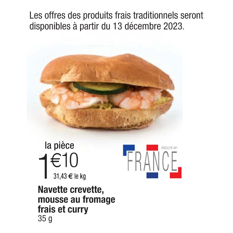 Navette crevette, mousse au fromage frais et curry