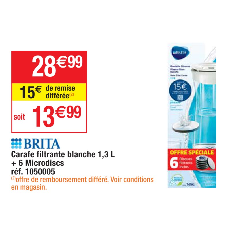 Carafe filtrante blanche 1,3 L + 6 Microdiscs réf. 1050005