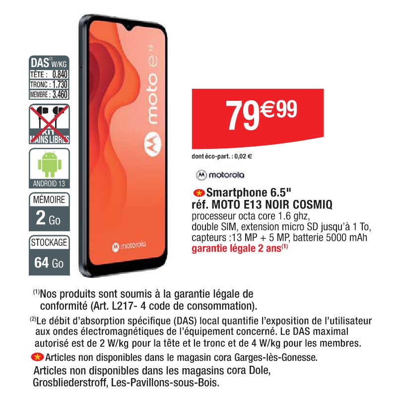 Smartphone 6.5'' réf. MOTO E13 NOIR COSMIQ