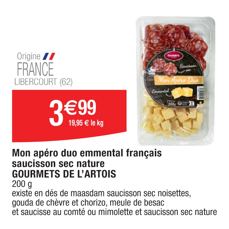 Mon apéro duo emmental français saucisson sec nature GOURMETS DE L’ARTOIS