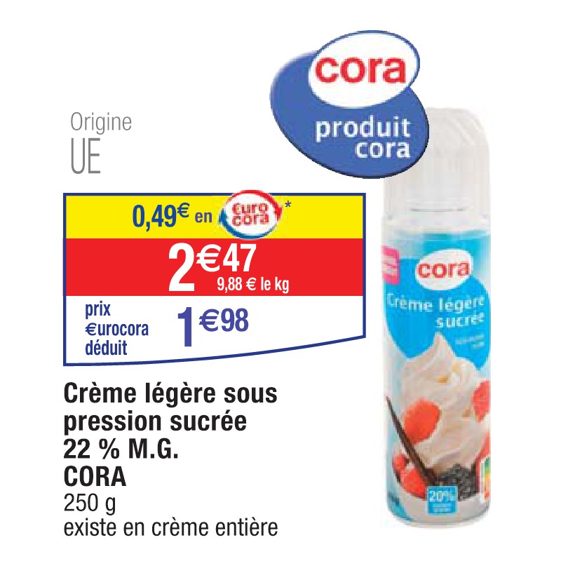 Crème légère sous pression sucrée 22 % M.G. CORA