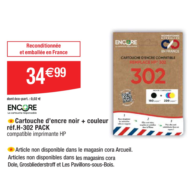 Cartouche d’encre noir + couleur réf.H-302 PACK