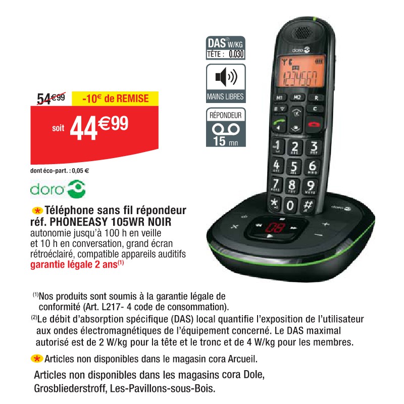 Téléphone sans fil répondeur réf. PHONEEASY 105WR NOIR