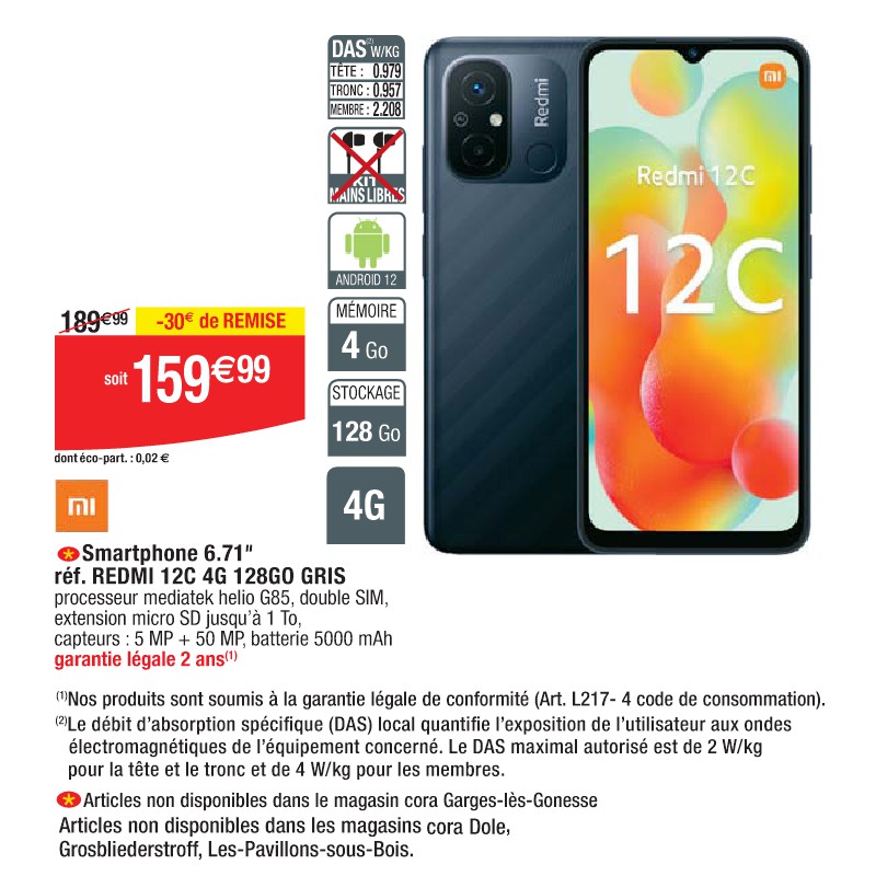 Smartphone 6.71'' réf. REDMI 12C 4G 128GO GRIS