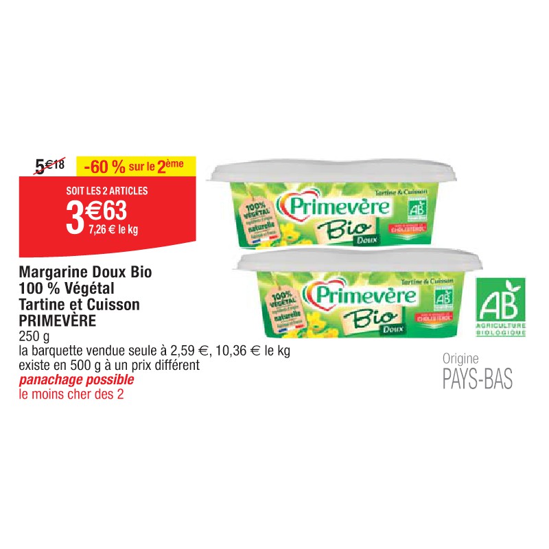 Margarine Doux Bio 100 % Végétal Tartine et Cuisson PRIMEVÈRE
