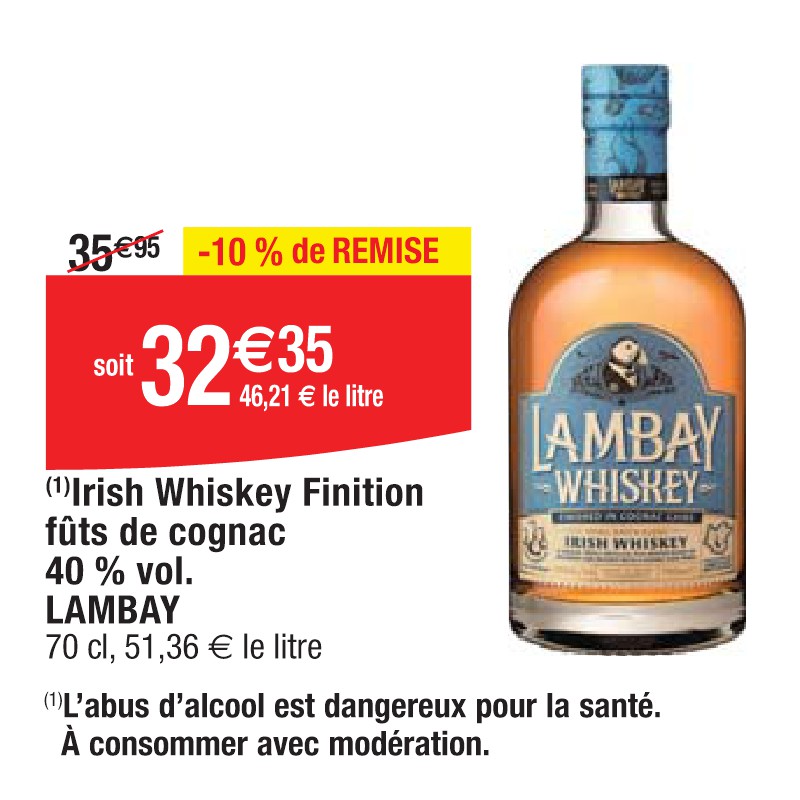 Irish Whiskey Finition fûts de cognac 40 % vol. LAMBAY