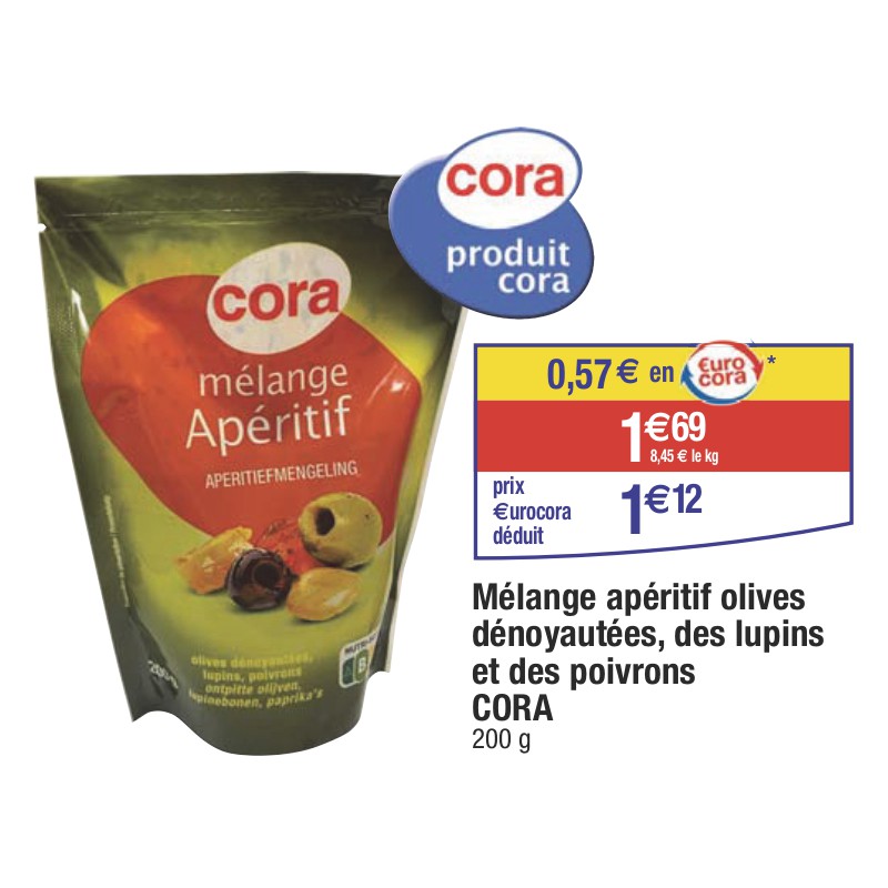 Mélange apéritif olives dénoyautées, des lupins et des poivrons CORA