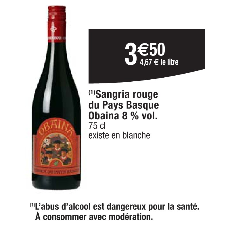 Sangria rouge du Pays Basque Obaina 8 % vol.