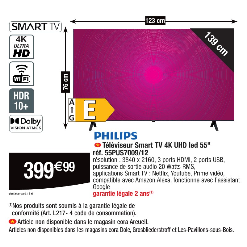 Téléviseur Smart TV 4K UHD led 55'' réf. 55PUS7009/12