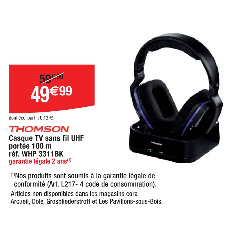 Casque TV sans fil UHF portée 100 m réf. WHP 3311BK