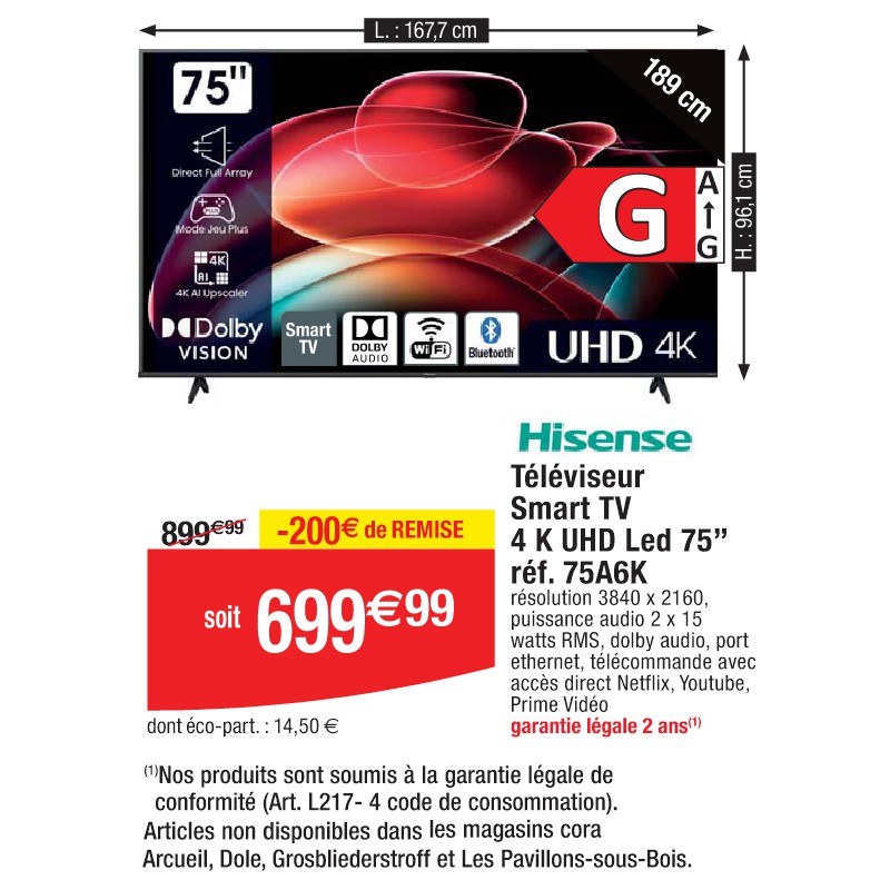 Téléviseur Smart TV 4 K UHD Led 75’’ réf. 75A6K