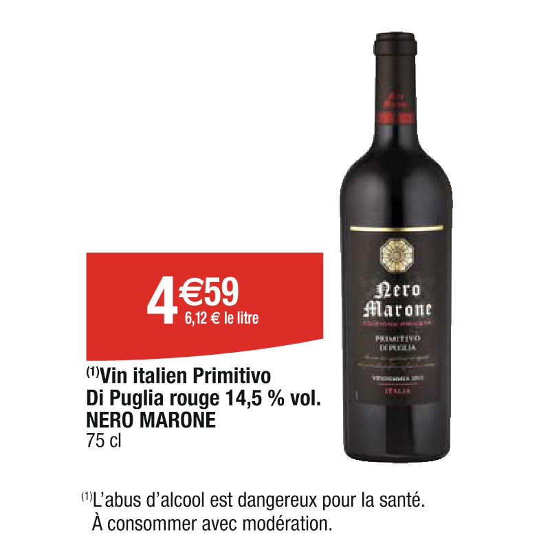 Vin italien Primitivo Di Puglia rouge 14,5 % vol. NERO MARONE