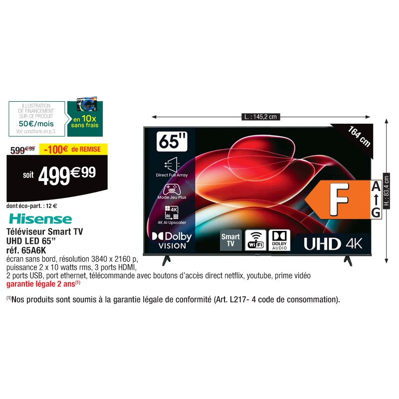 Téléviseur Smart TV UHD LED 65’’ réf. 65A6K