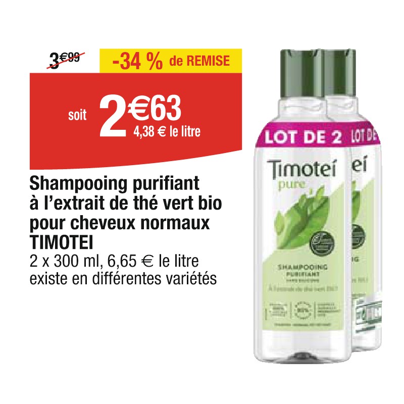 Shampooing purifiant à l’extrait de thé vert bio pour cheveux normaux TIMOTEI