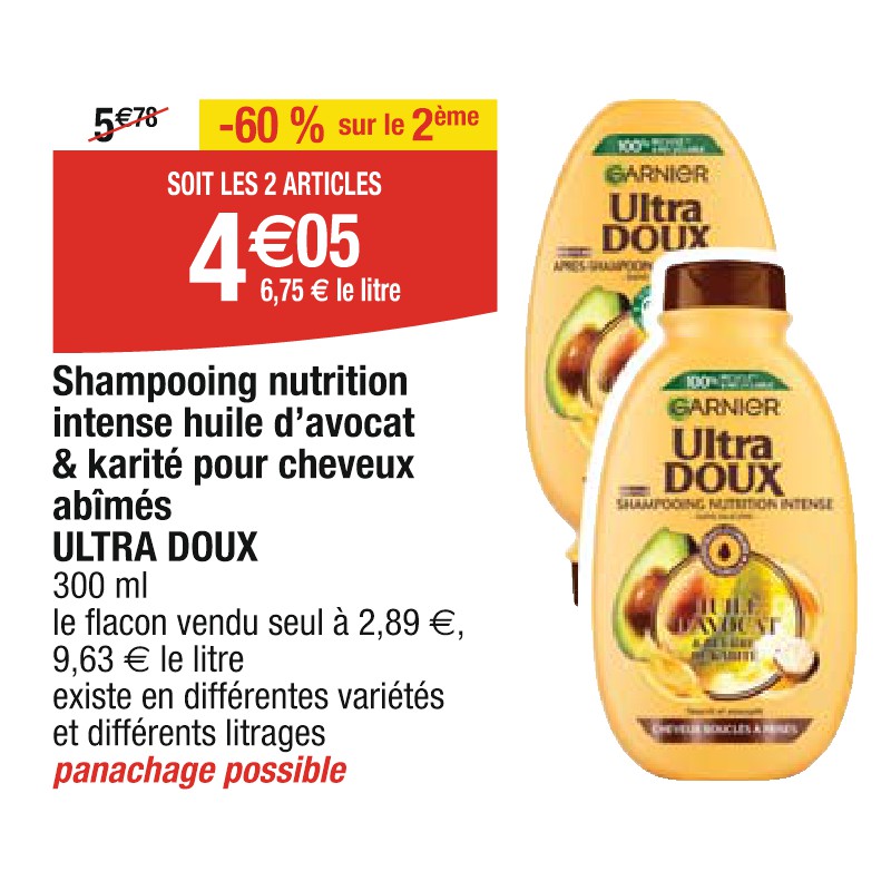 Shampooing nutrition intense huile d’avocat & karité pour cheveux abîmés ULTRA DOUX
