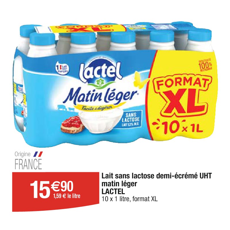 Lait sans lactose demi-écrémé UHT matin léger LACTEL