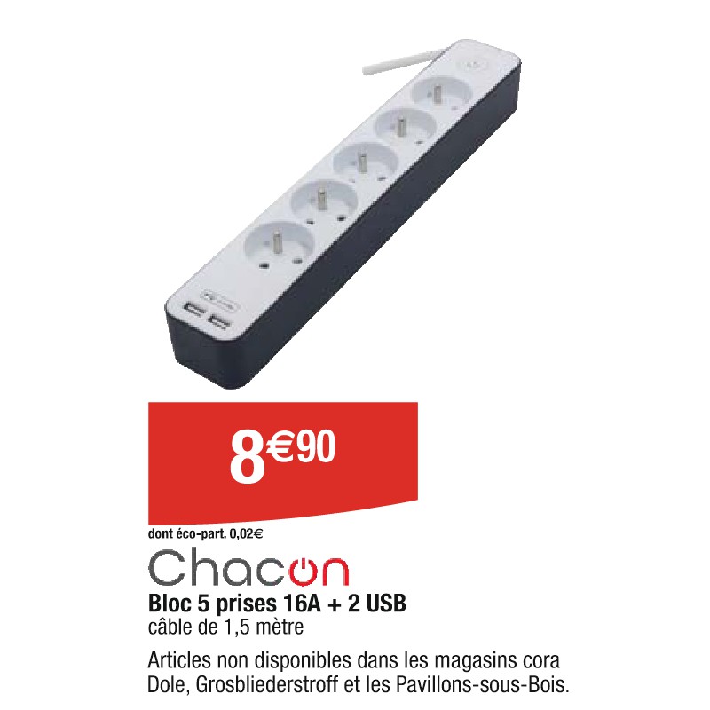 Bloc 5 prises 16A + 2 USB