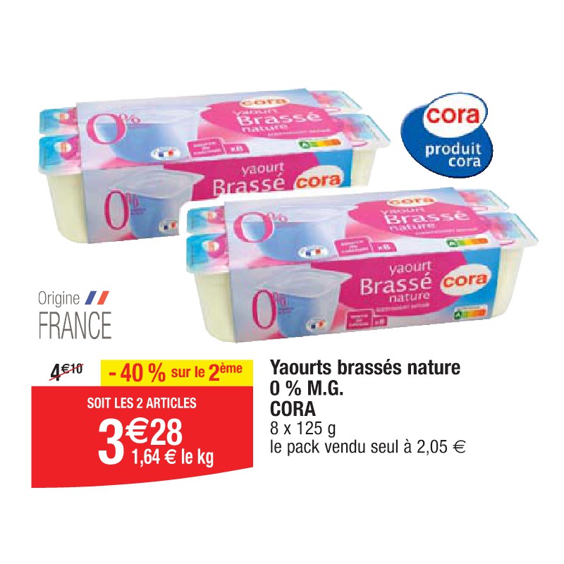 Yaourts brassés nature 0 % M.G. CORA