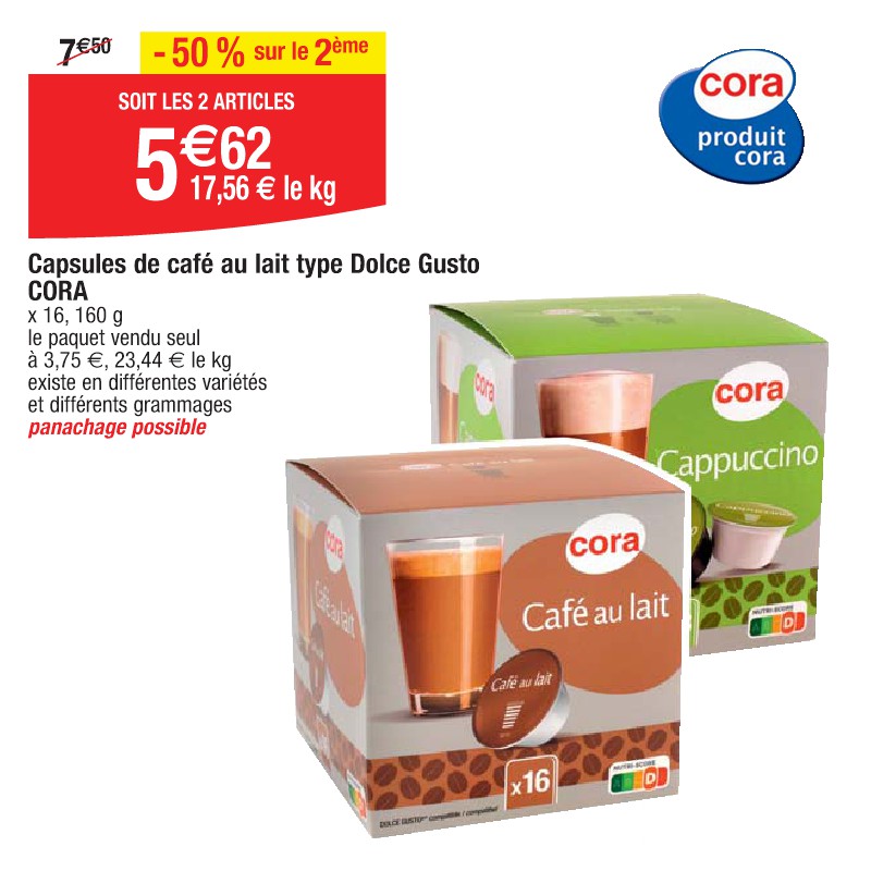 Capsules de café au lait type Dolce Gusto CORA