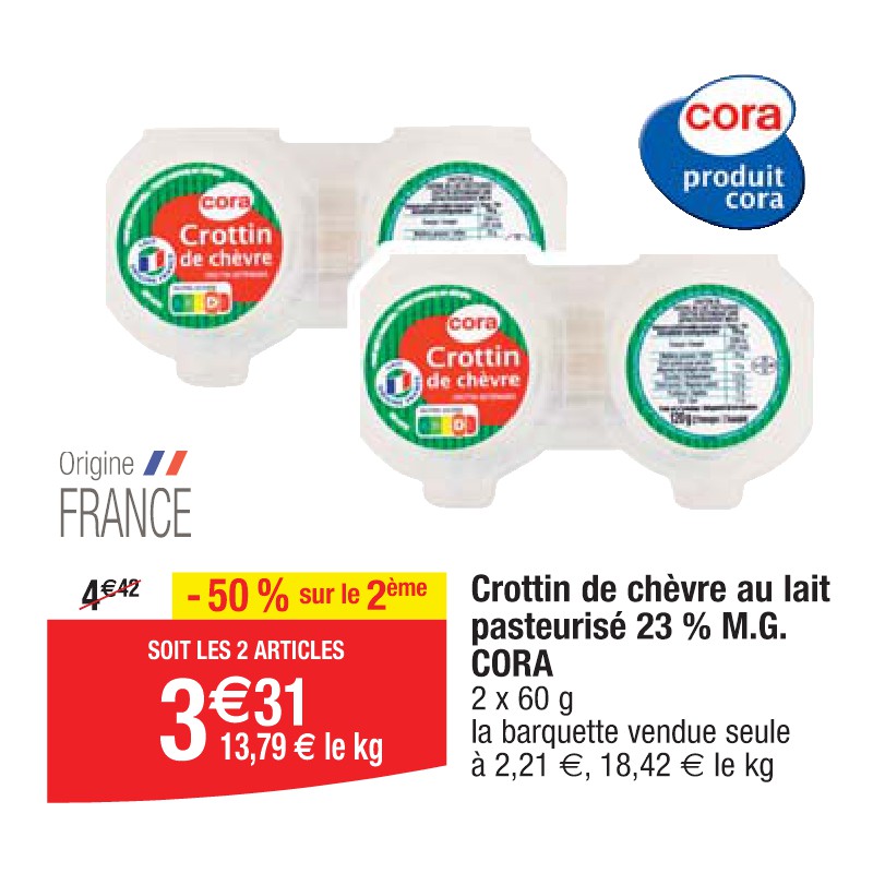 Crottin de chèvre au lait pasteurisé 23 % M.G. CORA