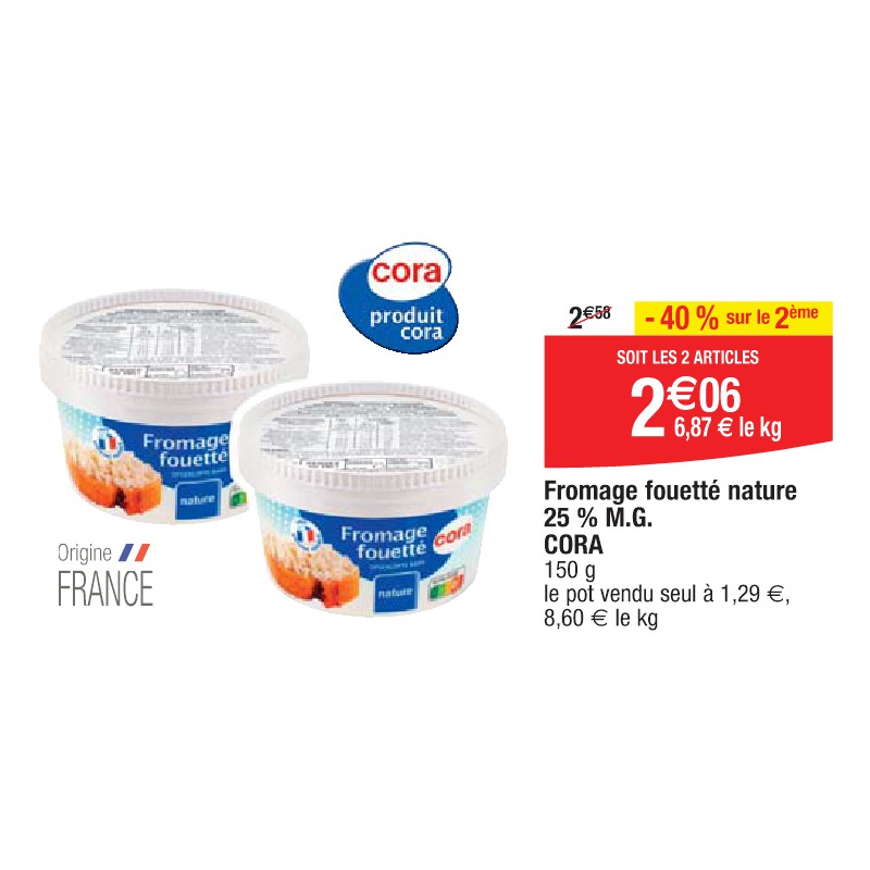 Fromage fouetté nature 25 % M.G. CORA