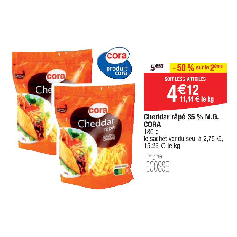 Cheddar râpé 35 % M.G. CORA