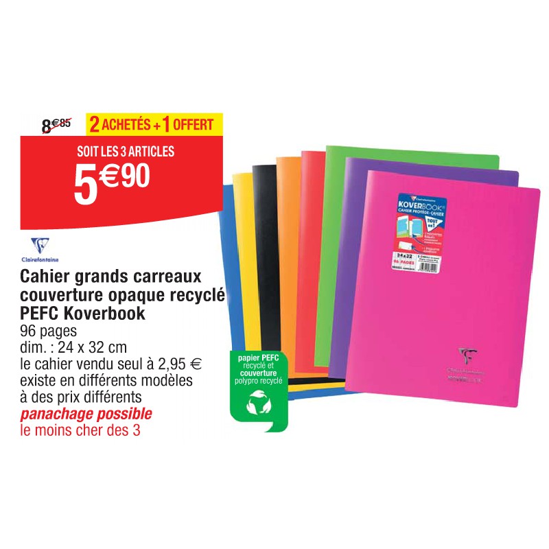 Cahier grands carreaux couverture opaque recyclé PEFC Koverbook