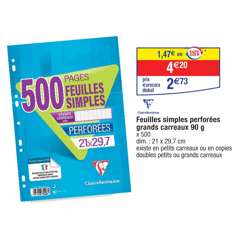 Feuilles simples perforées grands carreaux 90 g