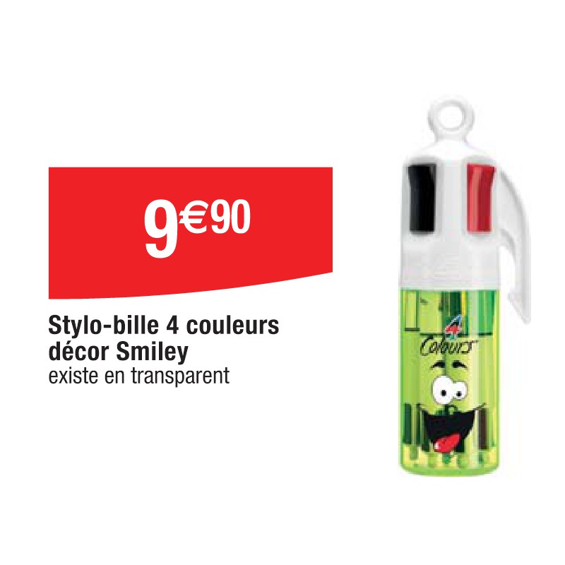 Stylo-bille 4 couleurs décor Smiley