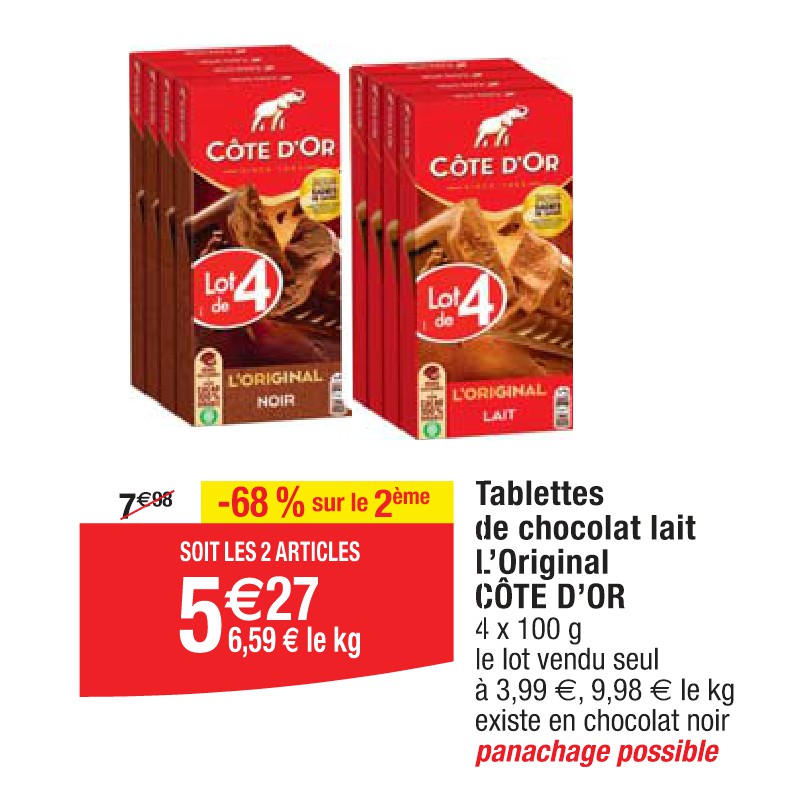 Tablettes de chocolat lait L’Original CÔTE D’OR