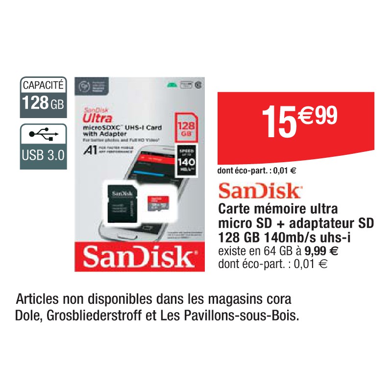 Carte mémoire ultra micro SD + adaptateur SD 128 GB 140mb/s uhs-i