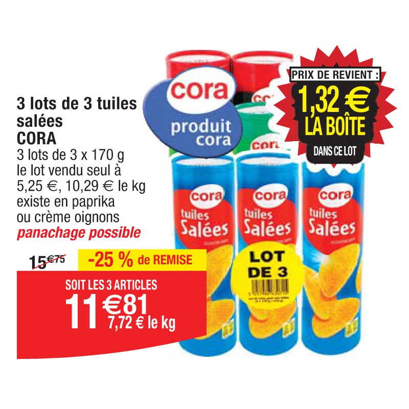 3 lots de 3 tuiles salées CORA