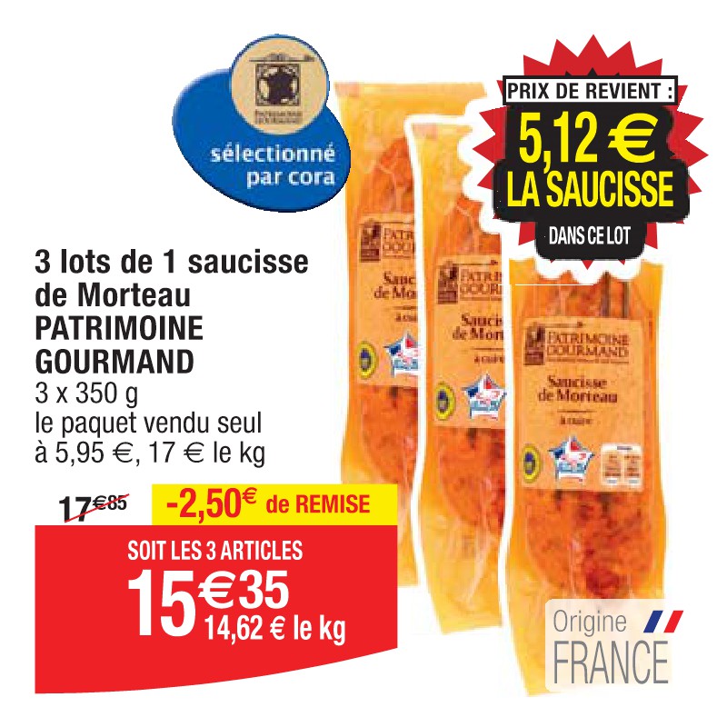 3 lots de 1 saucisse de Morteau PATRIMOINE GOURMAND