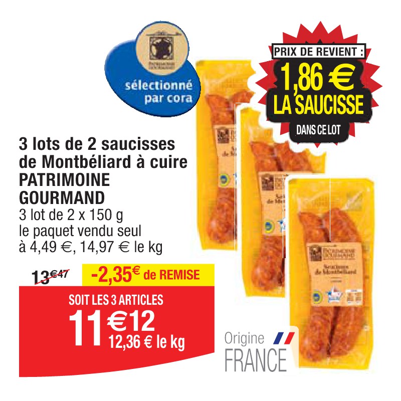 3 lots de 2 saucisses de Montbéliard à cuire PATRIMOINE GOURMAND