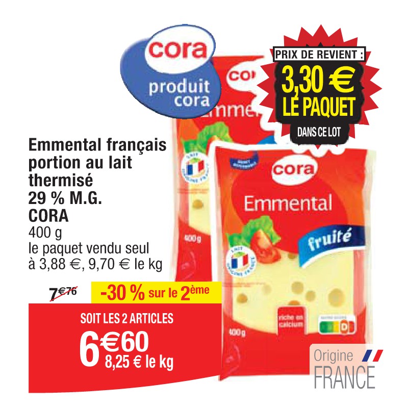 Emmental français portion au lait thermisé 29 % M.G. CORA