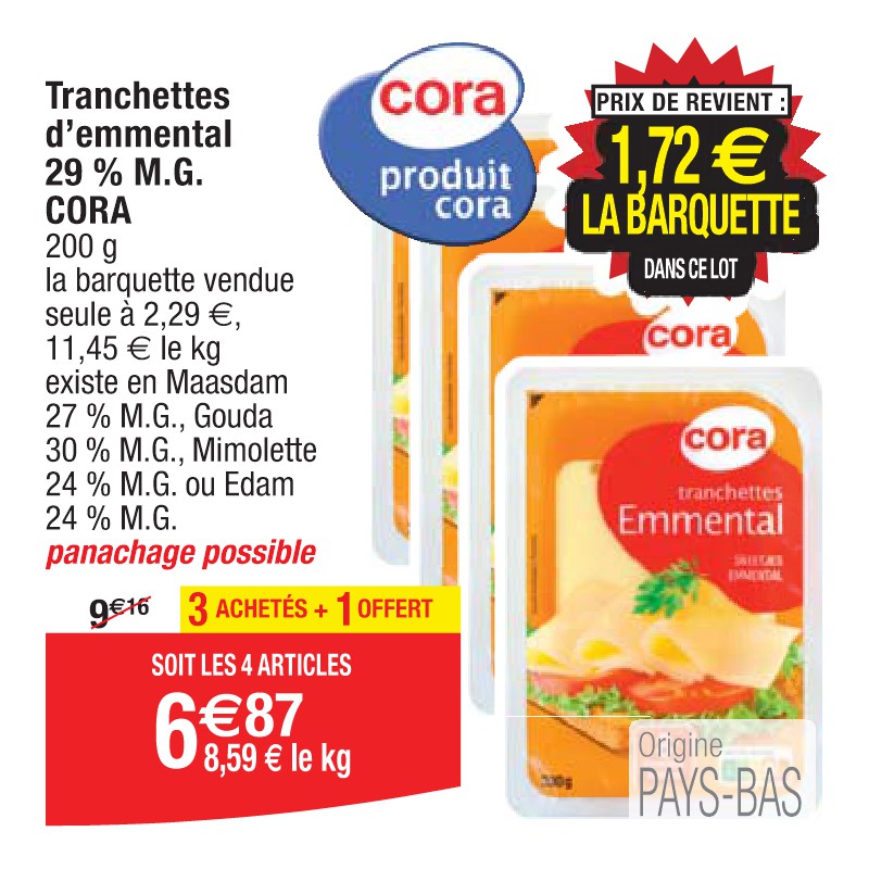 Tranchettes d’emmental 29 % M.G. CORA