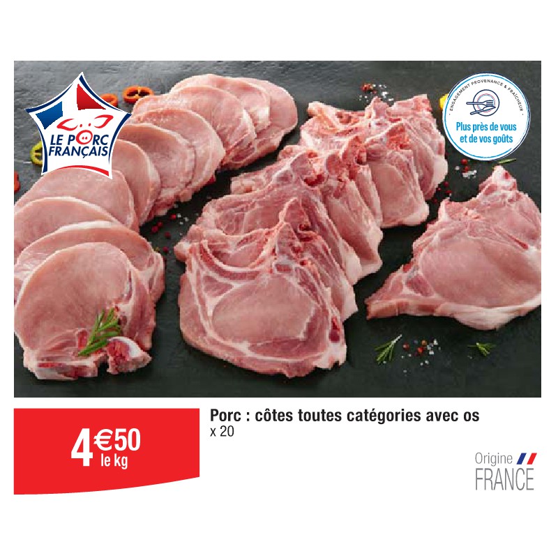 Porc : côtes toutes catégories avec os