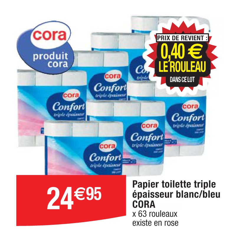 Papier toilette triple épaisseur blanc/bleu CORA