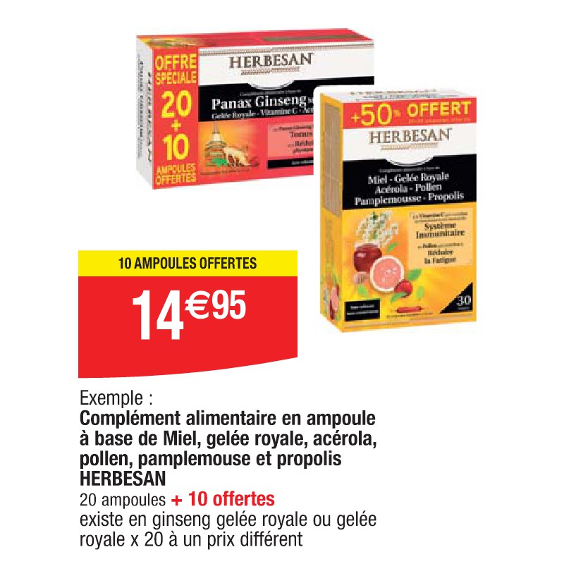 Complément alimentaire en ampoule à base de Miel, gelée royale, acérola, pollen, pamplemouse et propolis HERBESAN