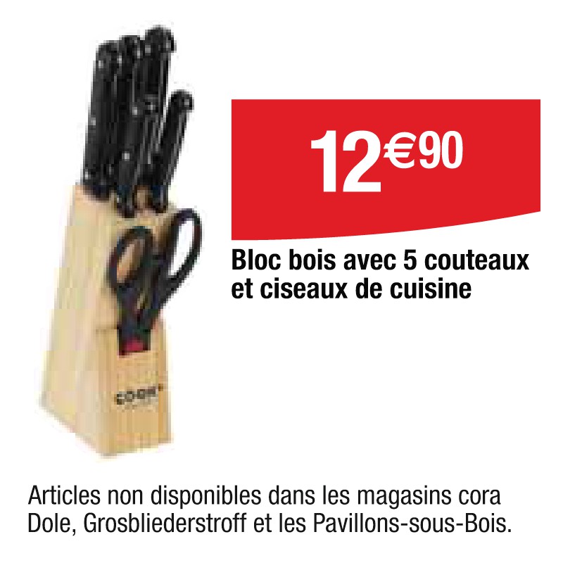 Bloc bois avec 5 couteaux et ciseaux de cuisine