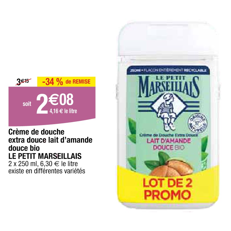 Crème de douche extra douce lait d’amande douce bio LE PETIT MARSEILLAIS