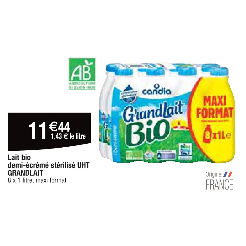 Lait bio demi-écrémé stérilisé UHT GRANDLAIT