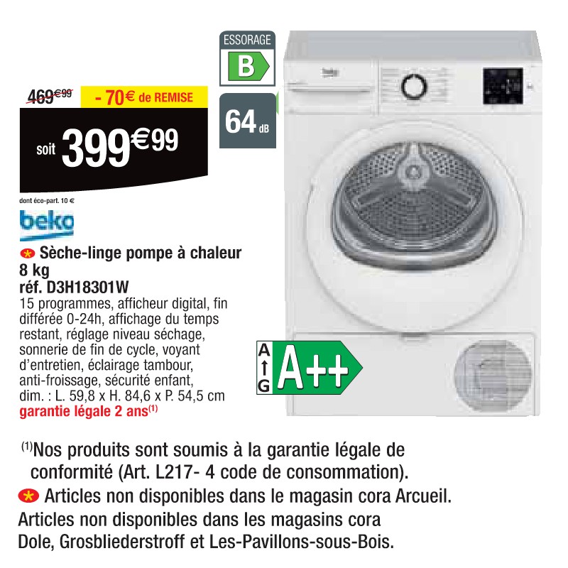 Sèche-linge pompe à chaleur 8 kg réf. D3H18301W