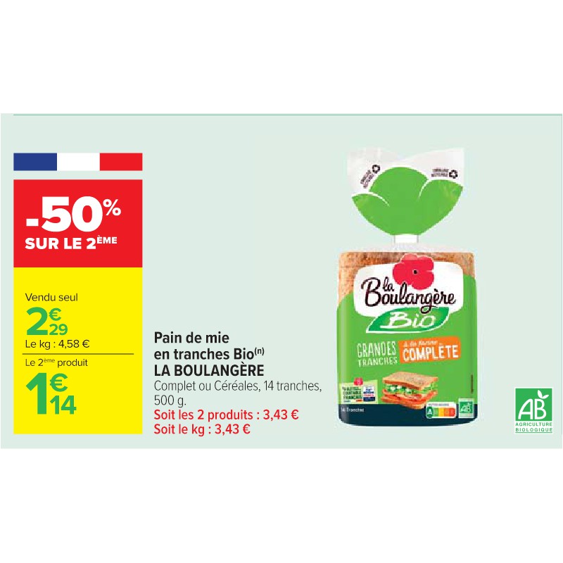 Pain de mie en tranches Bio LA BOULANGÈRE Cora Petit-déjeuner