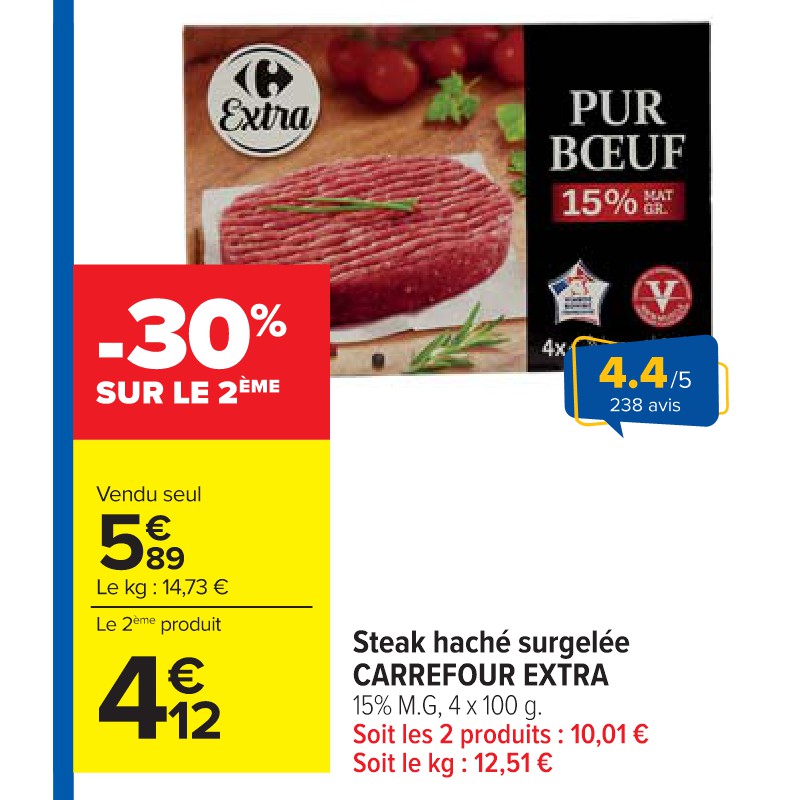 Steak haché surgelée CARREFOUR EXTRA Cora Petit-déjeuner