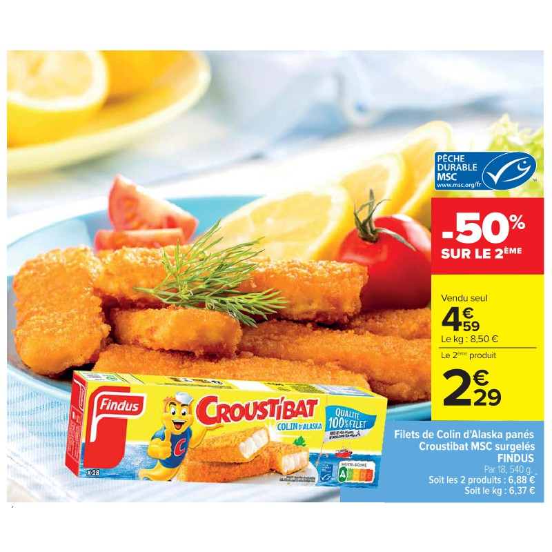 Filets de Colin d'Alaska panés Croustibat MSC surgelés FINDUS Cora Petit-déjeuner