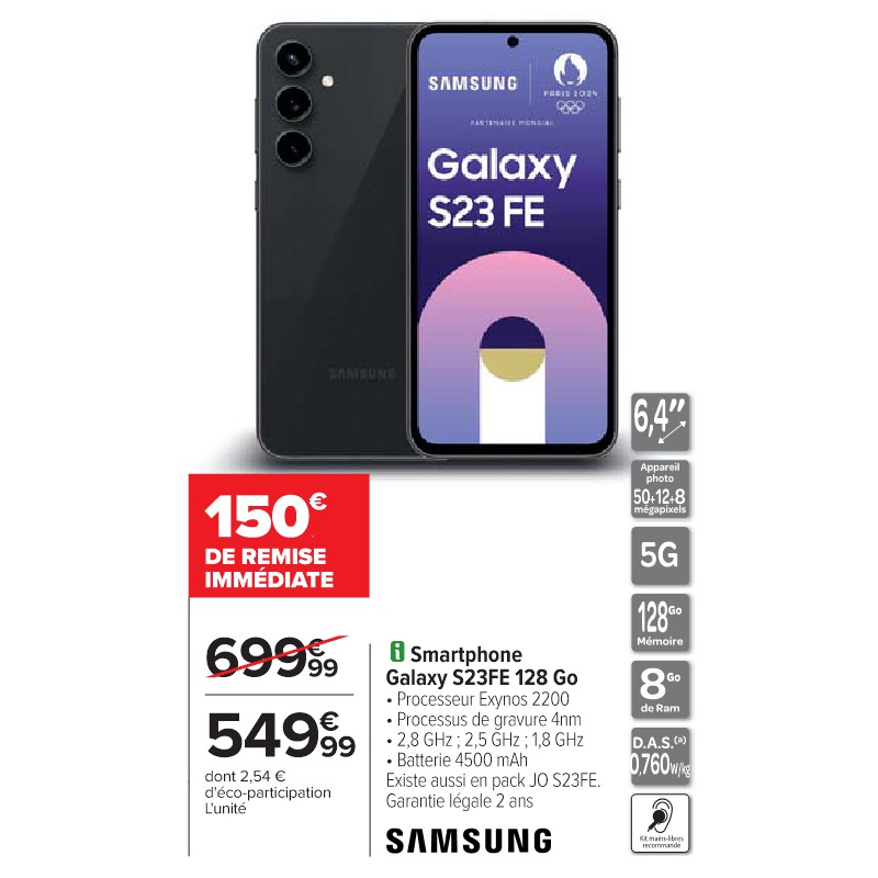 Smartphone Galaxy S23FE 128 Go SAMSUNG Cora Passez l'été connectés à vos envies !